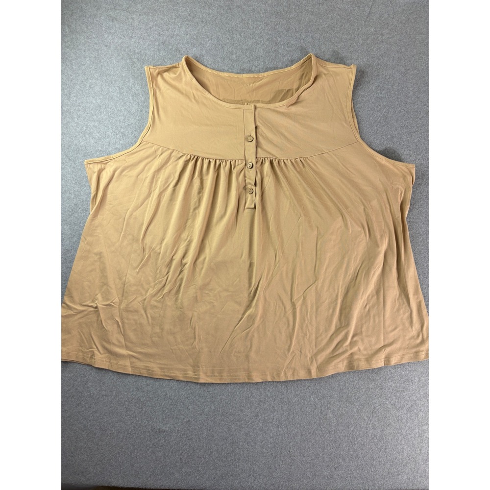 Tan Sleeveless Henley Top Plus Size 8XL Stretch‎ Knit Tank Gathers